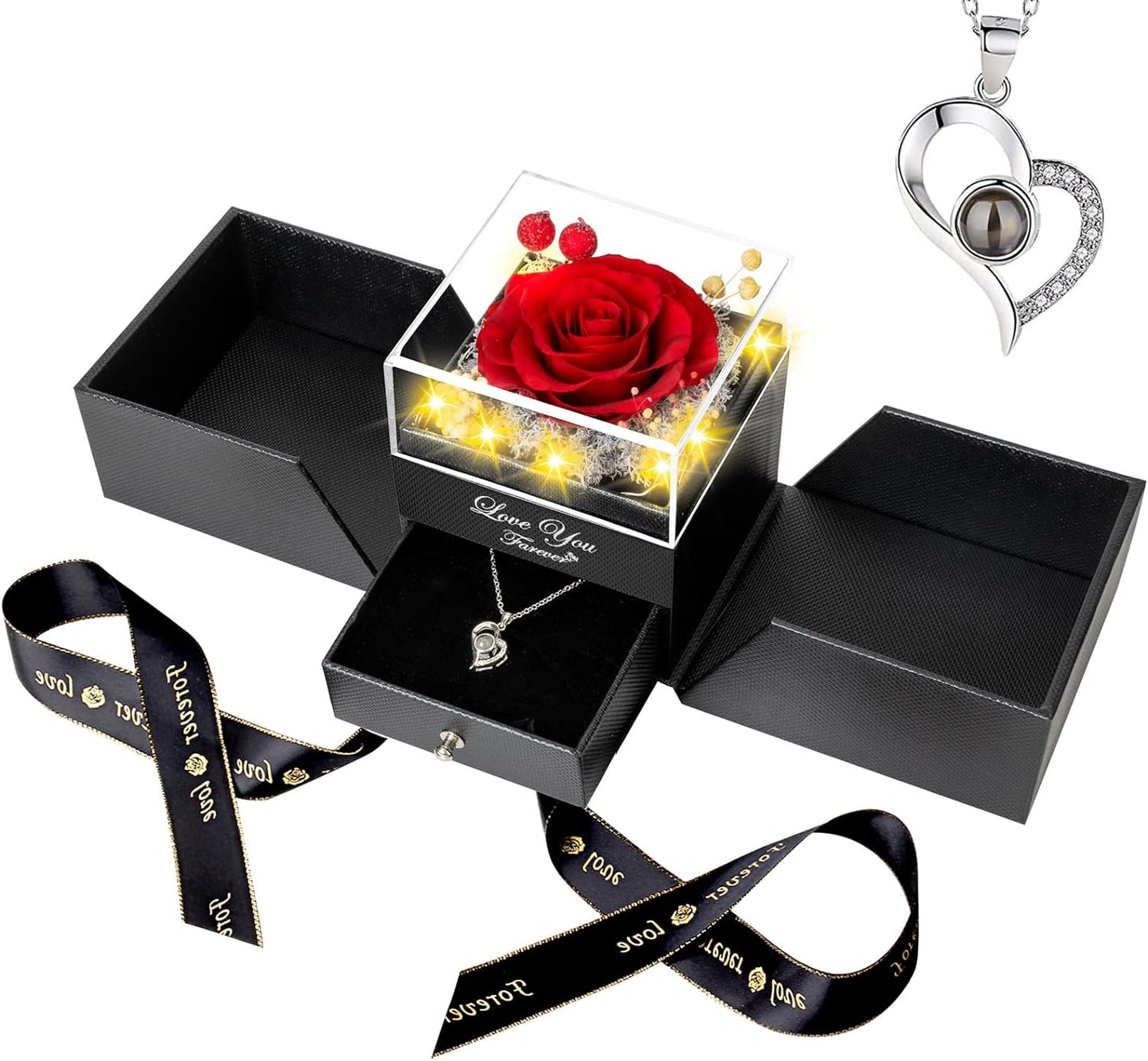 I Love You Heart Necklace Preserved Red Rose In LED Box