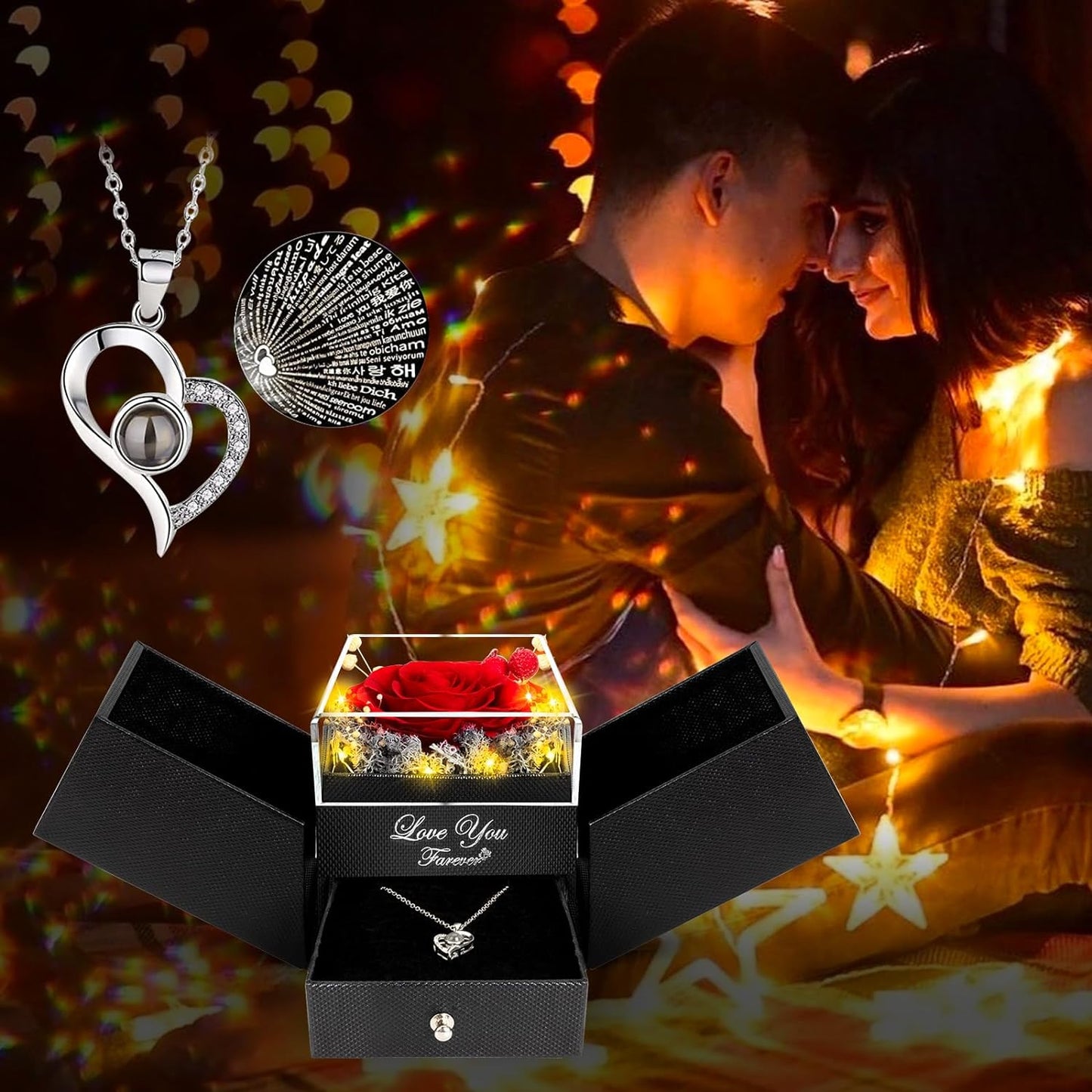 I Love You Heart Necklace Preserved Red Rose In LED Box