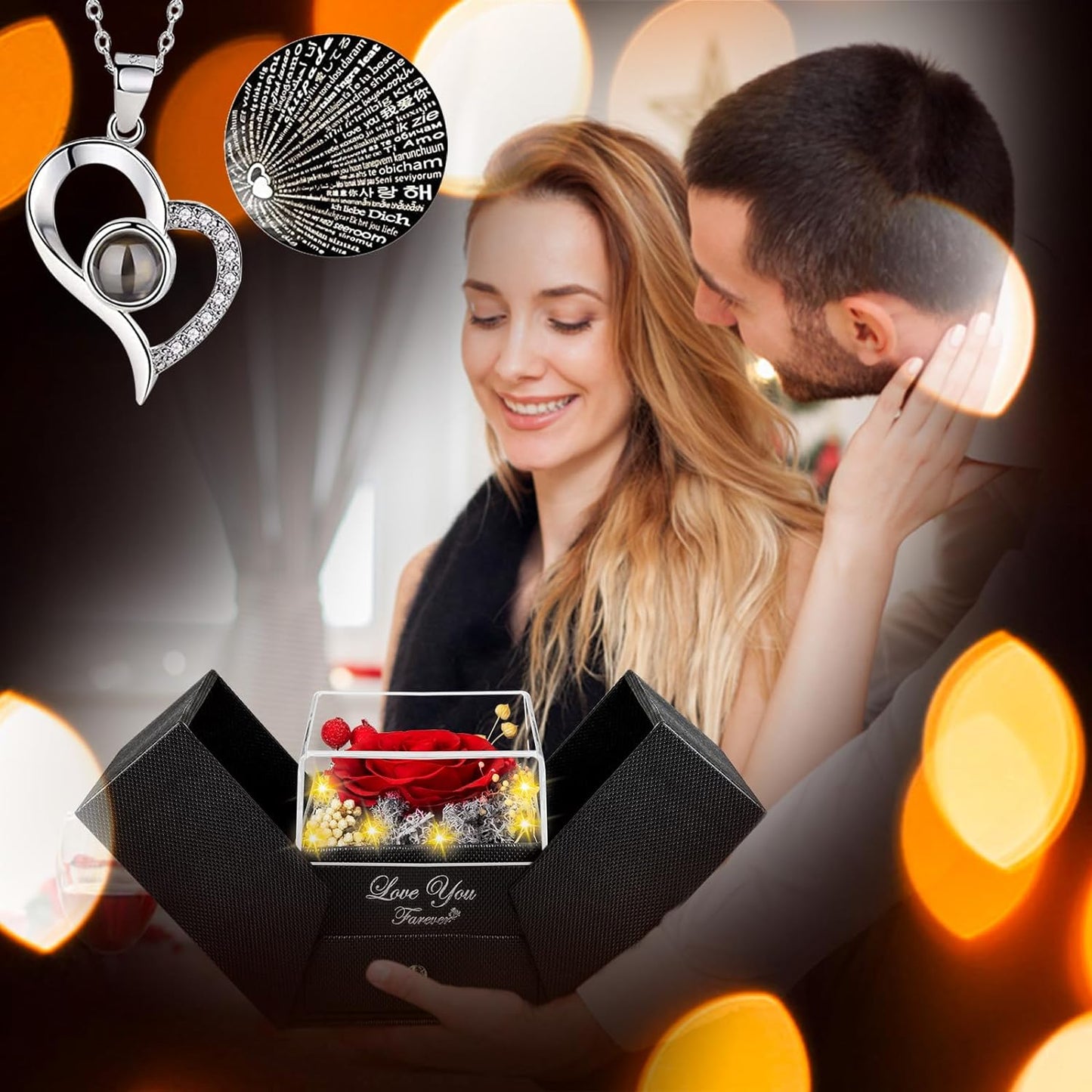 I Love You Heart Necklace Preserved Red Rose In LED Box