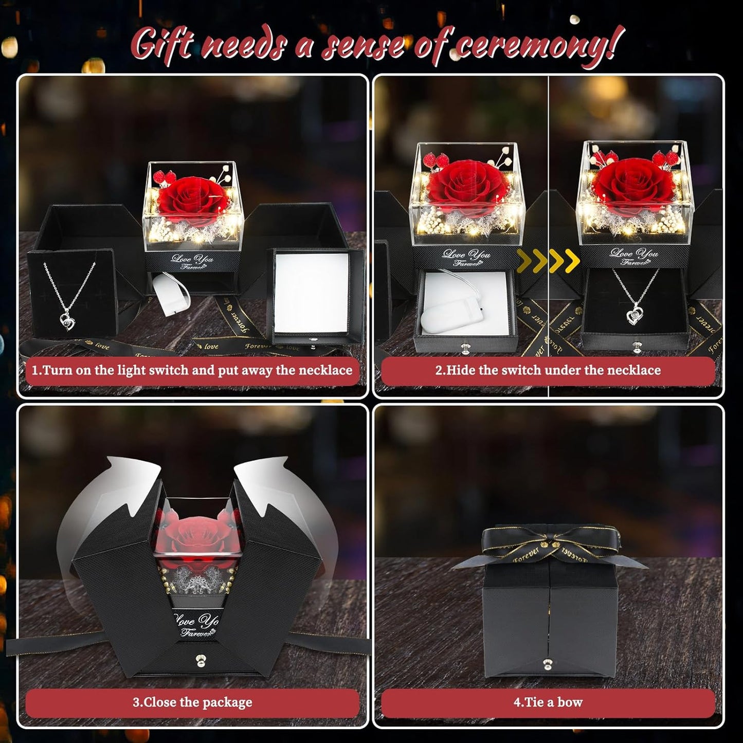 I Love You Heart Necklace Preserved Red Rose In LED Box